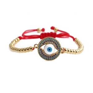 Fashionable red braided Evil Eye bracelet with gold beads and blue zircon palm charm