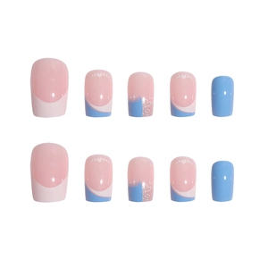 Pink and blue square-oval press-on nails with French heart design and glitter finish
