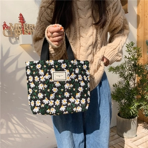 Daisy embroidered small tote bag with Pleasant Time fabric label for daily use