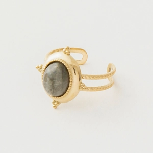 Macro view of vintage gold ring featuring a grey oval stone and milgrain beaded details
