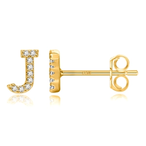 Macro shot of S925 sterling silver stamp on golden J-shaped earring with zircon stones