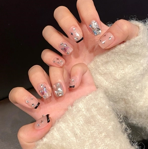Handmade Press On Nails Black French Tip With 3D Butterfly Rhinestones Silver Glitter Short Coffin Square Luxury Nail Art