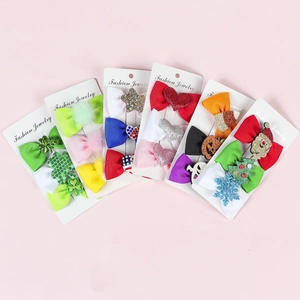 Detailed set of 18 festive bow hair clips featuring holiday themes on a pink background