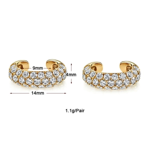 Detail view of gold C-shaped ear cuffs showing 14mm outer diameter and pave zircon stones