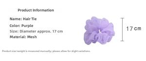 Detail of purple organza oversized hair scrunchie with 17cm diameter measurement info