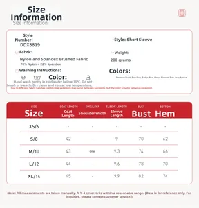 Size chart for yoga set with fabric details and measurements in S to XL sizes