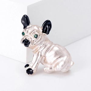 Cartoon bulldog alloy brooch pin in creamy white and black finish with green eyes