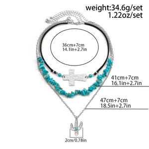 Detailed size chart for layered turquoise necklace with cactus and cross charms