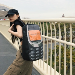 Unique retro mobile phone shaped black backpack with creative keypad and screen print