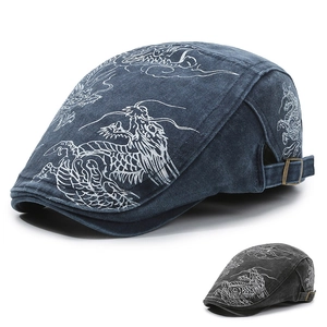 Vintage Washed Denim Flat Cap With Dragon Embroidery Retro Newsboy Hat Chinese Style Adjustable Casual Sun Protection