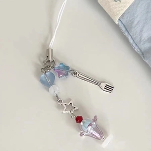 Handmade beaded phone charm with ice cream theme blue heart and silver fork pendant