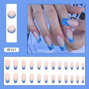Long ballerina press-on nails with blue marble French tip design, 24 pieces set