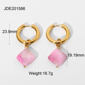 Detailed measurements of 18K gold plated earrings with pink marble stone pendants