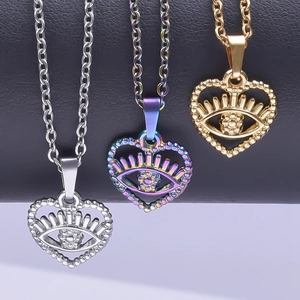 18k gold plated stainless steel heart devil eye pendant necklaces in silver and rainbow colors