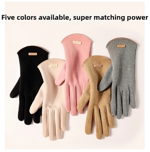 Detailed flat lay of winter thermal gloves showing five colors and textured fabric with brand tags
