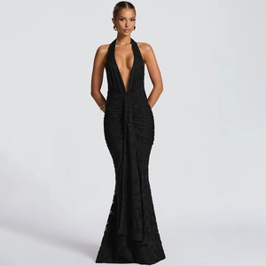Elegant black deep V-neck halter maxi dress with pleated fish-tail design and open back style