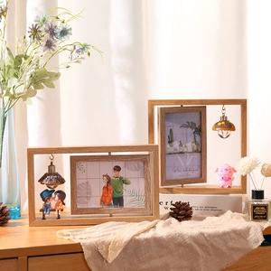 Modern 6-inch rotating wooden photo frame with creative night light and warm decor