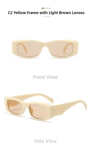 Detail view of retro square cream sunglasses with thick frames and light brown lenses