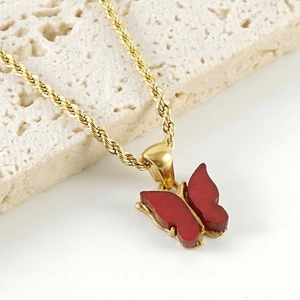 Butterfly Pendant Necklace Stainless Steel Resin Wings Gold Rope Chain Vintage Fashion Jewelry For Women