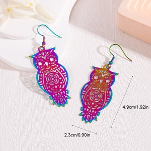Rainbow hollow owl earrings in stainless steel with colorful plating and 4.9cm length