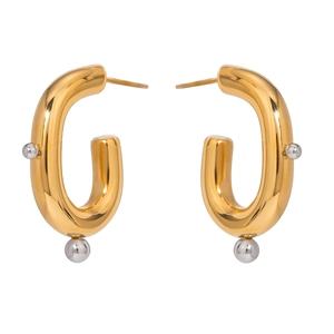 U-shaped stainless steel earrings with metallic beads in two-tone gold and silver finish