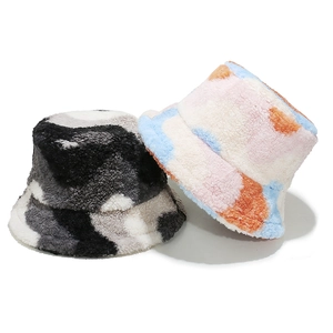 Colorful mixed wave pattern plush bucket hats in soft faux fur for autumn and winter