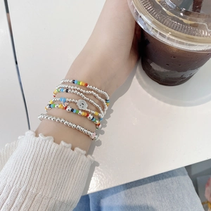 Multilayer 925 sterling silver beaded bracelet with rainbow beads and smiley face charms
