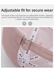 Detail of pink cotton baseball cap featuring adjustable metal buckle and branded inner lining