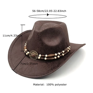 Dark brown faux suede western cowboy hat with beaded band and vintage metal emblem details