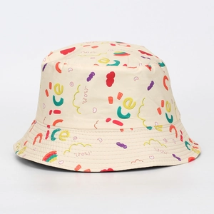 Detail of colorful rainbow embroidery and 'nice' letters on beige cotton sun hat
