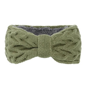 Close-up of olive green cable knit headband showing warm grey fleece lining detail