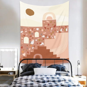 Close-up of bohemian wall tapestry with abstract geometric arches and terrazzo patterns