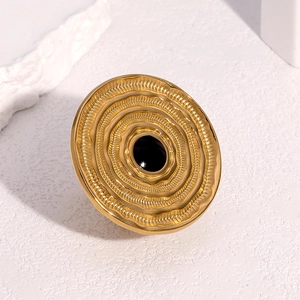 Polished 18k gold plated stainless steel ring with black oval center and ribbed texture
