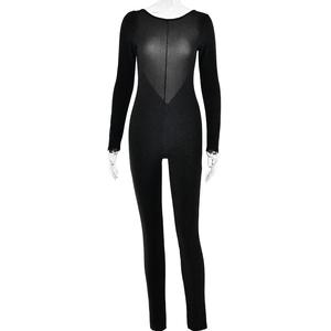 Elegant black long sleeve backless jumpsuit with shimmering fabric and slim fit design