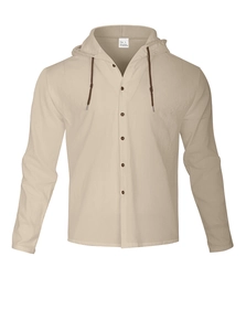 Detail of the linen blend fabric texture and collar label showing size L on beige hoodie