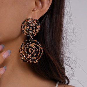 Vintage leopard print rose textured drop earrings for women with double spiral discs