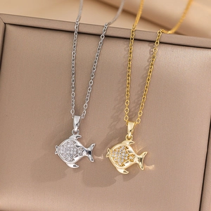 Fish Pendant Necklace Titanium Steel Rhinestone Inlaid Gold Plated Dainty Clavicle Chain Jewelry For Women Gift