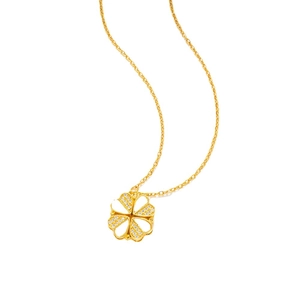 Versatile gold clover heart necklace with small crystals on white background