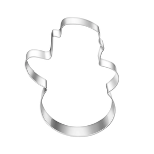 Detail of snowman-shaped stainless steel cookie cutter showing thickness and rolled edges