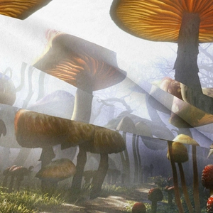 Close-up of mushroom tapestry fabric texture and detailed fantasy forest printing