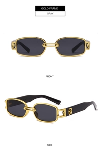 Front and side views of gold rectangular sunglasses with gray lenses and metal frame
