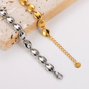 8mm stainless steel coffee bean pig nose link chain bracelet in gold and silver finish