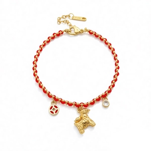 18K gold plated red rope bracelet with golden beads and traditional lucky charms