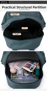 Detail view of large capacity faux leather backpack interior with organized compartments