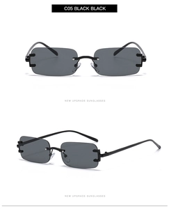 Detail view of rectangular rimless sunglasses in C05 black color with metal arms