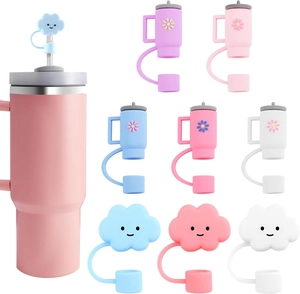 Close-up of 10mm silicone straw covers in cloud and flower shapes for tumblers