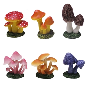 Set of 6 miniature resin mushroom figurines with moss bases for micro landscape decor