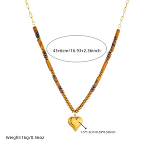 Tiger eye stone beaded necklace with a golden heart pendant for women jewelry