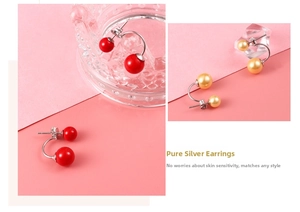 Close-up of S925 sterling silver pearl earrings in red and champagne gold variants