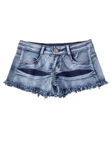 Sexy hellblaue Low-Waist Denim Shorts mit Fransen und Patchwork-Design für Damen
